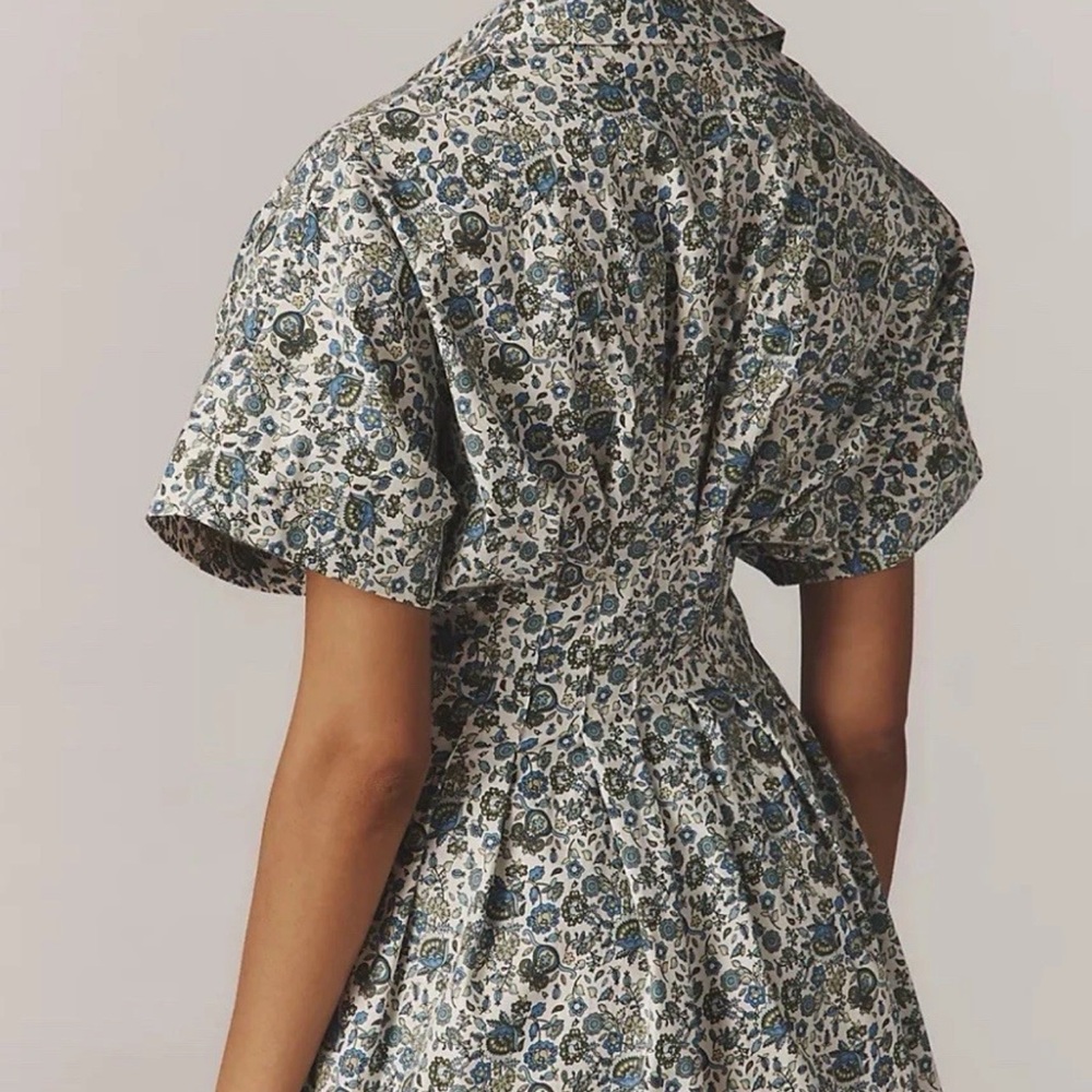 Anthropologie Blue and Cream Floral Shirtwaist Mini Dress - Picture 4 of 11